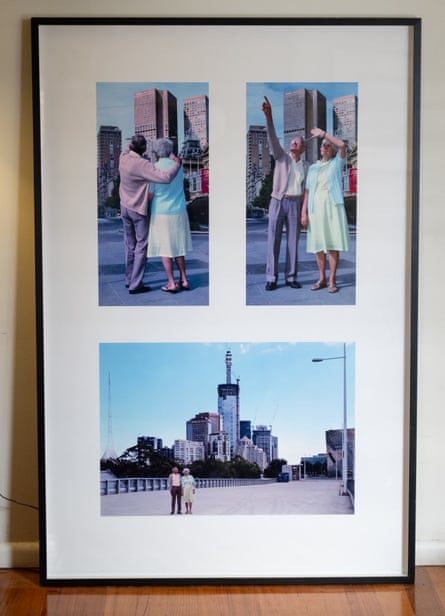 Triptych of an elderly couple in Melbourne’s Federation Square, looking at buildings and pointing at the sky