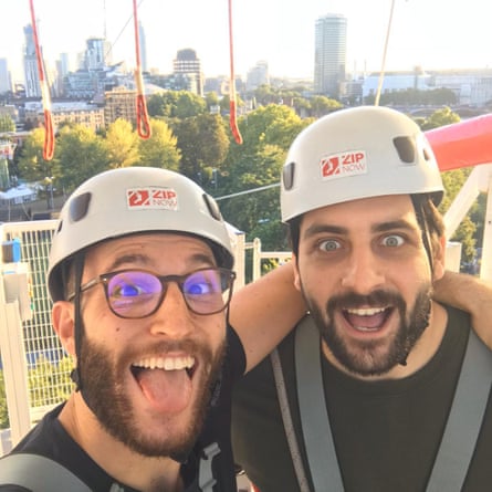 ‘Beforehand, I do hear a lot of complaining,’ says Leandro, left, zip lining in London with Alexios in 2019.