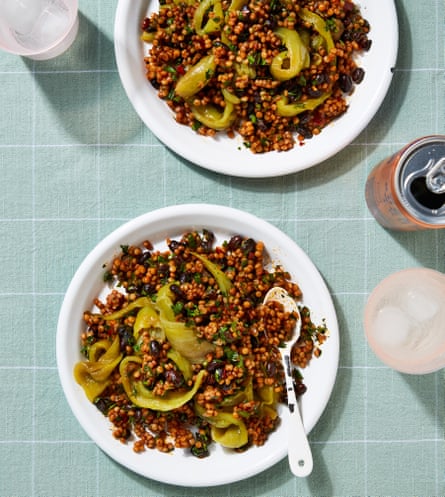 Yotem Ottolenghi’s giant couscous with black beans and quick pickled green peppers.