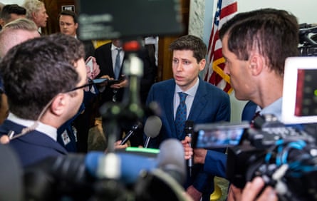 Altman speaking to media after testifying before the Senate subcommittee on privacy, technology, and the law last month.