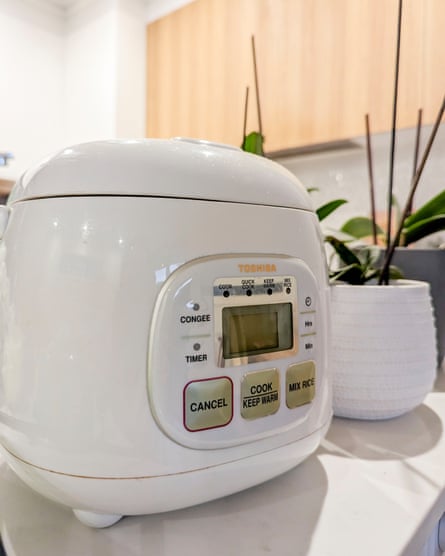 A white rice cooker on a kitchen bench.