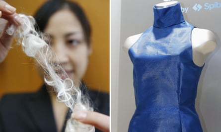 A strand of artificially produced “spider silk” and a dress made from synthesised silk.