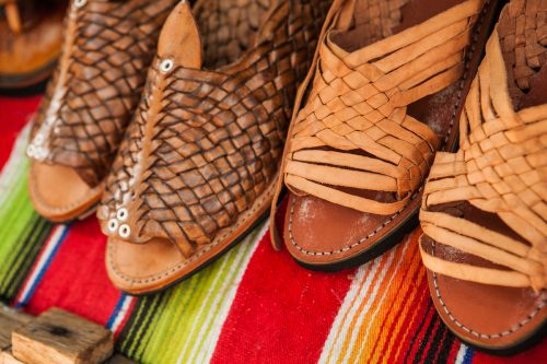 Handmade Huarache sandals made of leather in Mexican market
