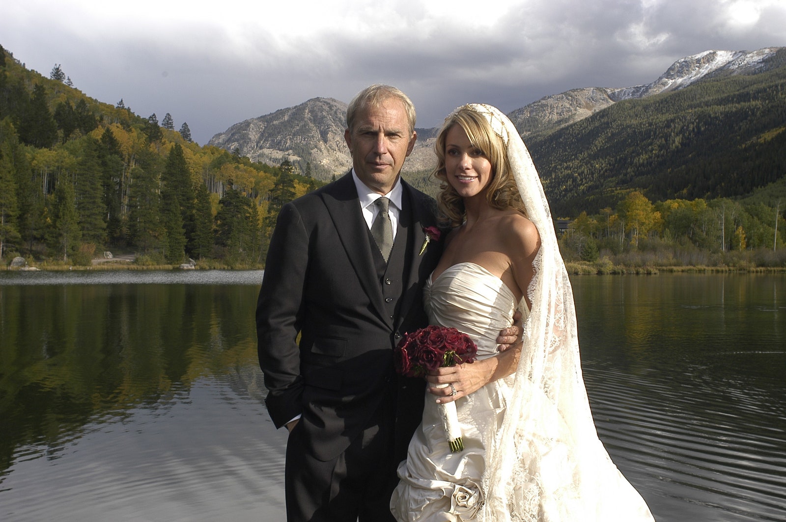 ASPEN CO  SEPTEMBER 25  Actor Kevin Costner poses with his new wife Christine Baumgartner during their private wedding...