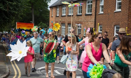 A procession of adults and kids at the AmpGala, Ampthill festival, Bedfordshire.