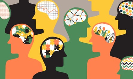 A colourful illustration with patterns inside several people’s heads