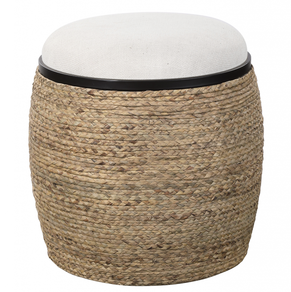 Island Straw Accent Stool in White straw home decor