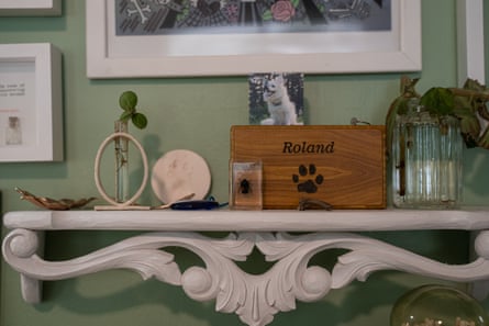 shelf with box that says ‘roland’ with a paw print, among other mementos