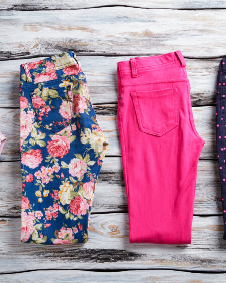 Floral,And,Pink,Folded,Pants.,Woman's,Trousers,Of,Bright,Color.