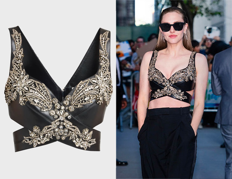 Amanda Seyfried's Alexander McQueen Crossed Wrap Leather Bra Top With Crystal Embellishments