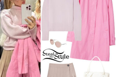 Ariana Grande: Lilac Sweater, Beige Skirt