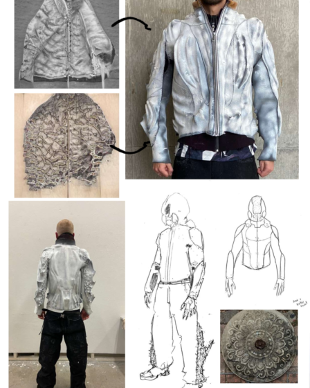 An AI-generated image of what looks like a coat made of melting white wax is positioned next to an image wearing a physical version.