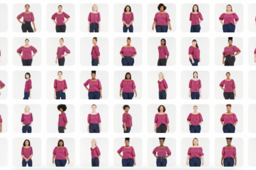 Dozens of models in different sizes, shapes and ethnicities stand in different poses, all wearing the same pink short-sleeved top.