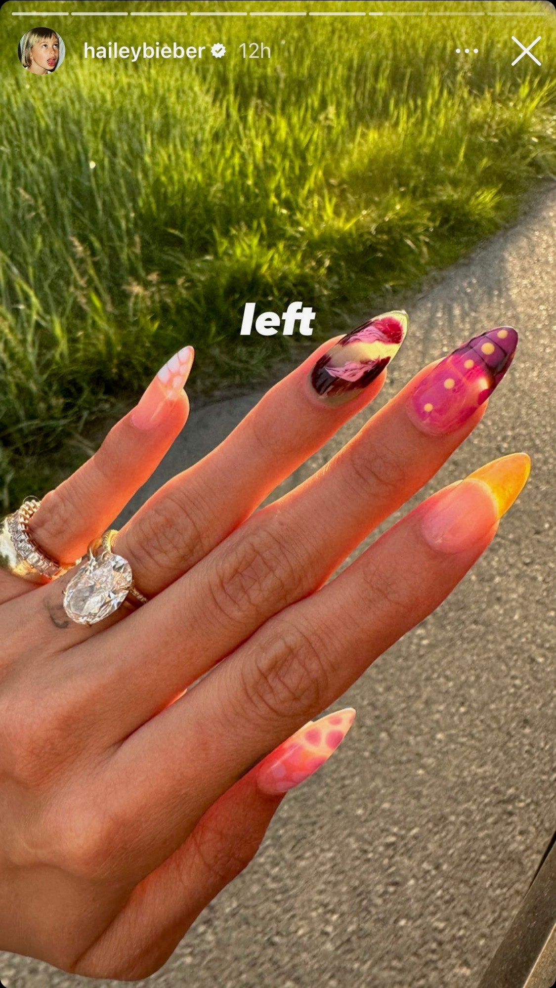 Hailey Bieber Ditches Glazed Donut Nails for a Maximalist Mismatched Manicure