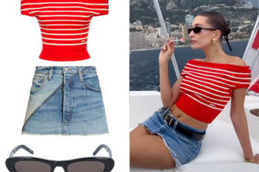 Hailey Bieber's AMI Paris Top, EB Denim Skirt & Saint Laurent Sunglasses