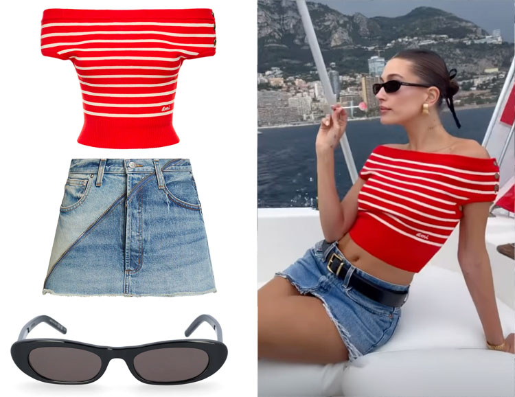 Hailey Bieber's AMI Paris Top, EB Denim Skirt & Saint Laurent Sunglasses