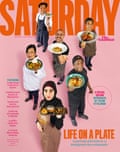Saturday magazine cover showing six chefs holding up plates of food