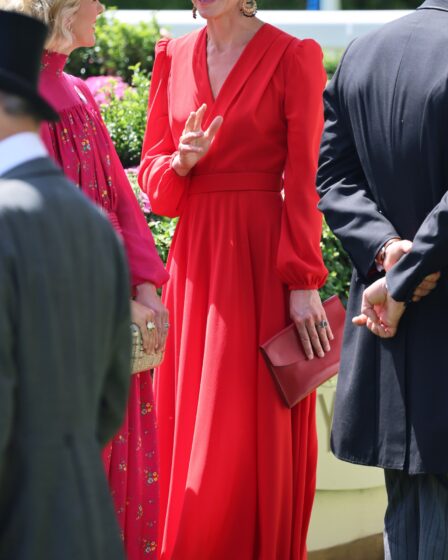 The Princess of Wales wearing a red Alexander McQueen dress at Royal Ascot along with statement earrings by Szane.