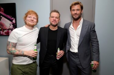 Ed Sheeran Matt Damon and Chris Hemsworth attend Netflix's Extraction 2 New York Premiere at Jazz at Lincoln Center on...