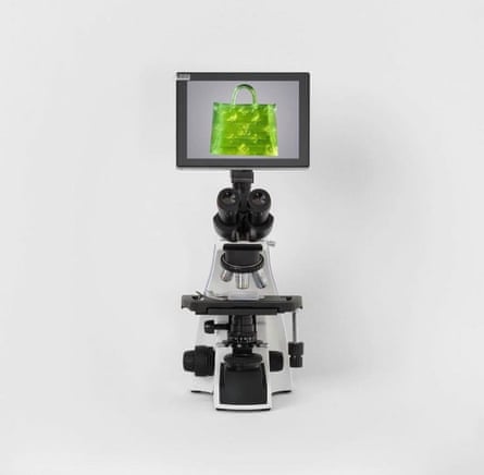 The neon green bag from the view of a microscope.