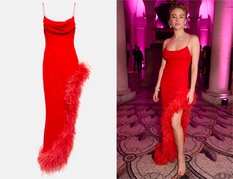 Milly Alcock's Alessandra Rich Red Feather-Trimmed Silk Gown