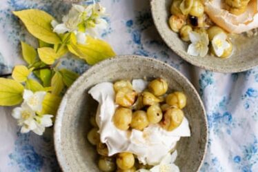 Pavlova with a twist: grilled gooseberries and lemon zest meringues.