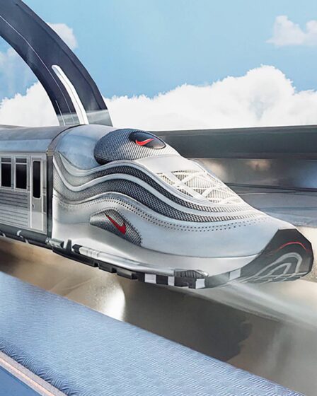 A silver Air Max 97 sneaker serves as the front of a train in Airphoria.
