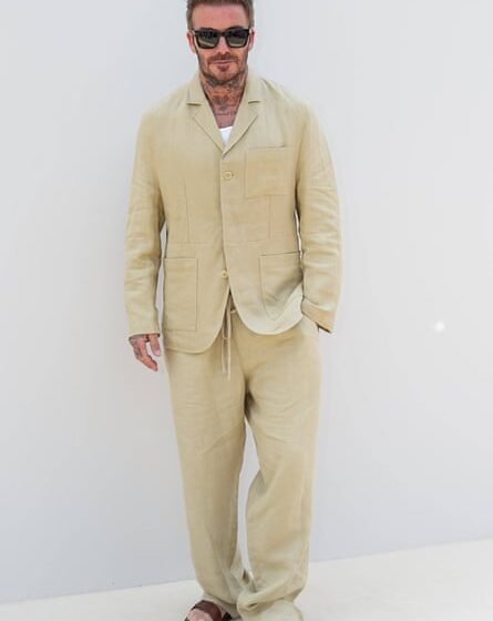 David Beckham in a beige linen suit and Lora Piana sandals