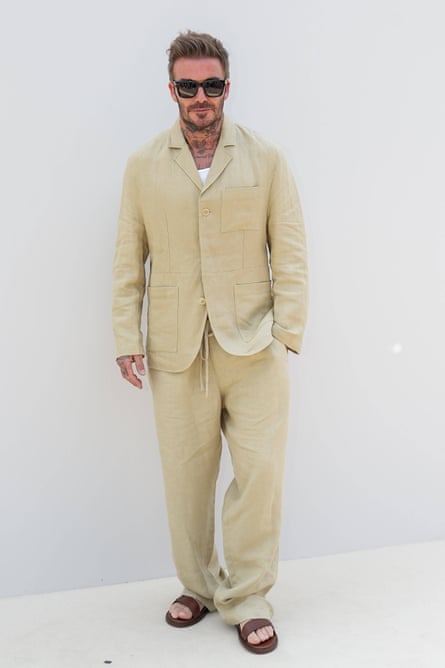 David Beckham in a beige linen suit and Lora Piana sandals