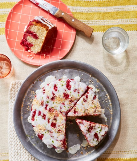 Rosie Sykes’ raspberry, lime and coconut poke cake.