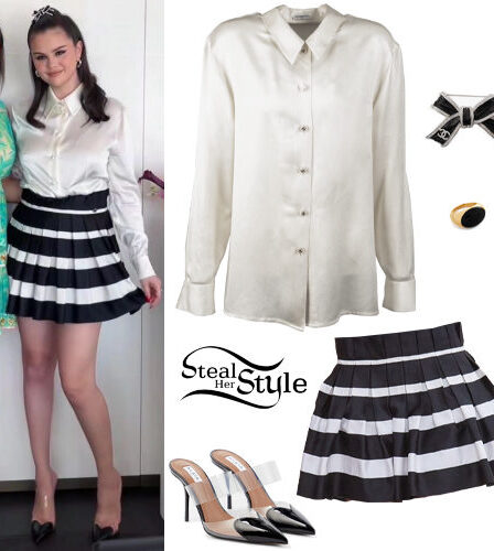 Selena Gomez: White Blouse, Striped Skirt