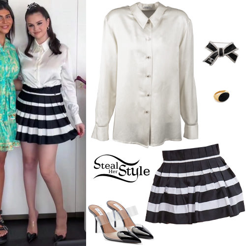 Selena Gomez: White Blouse, Striped Skirt - Fashnfly