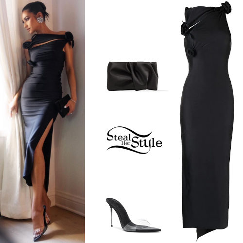 Shay Mitchell: Black Dress and Mules