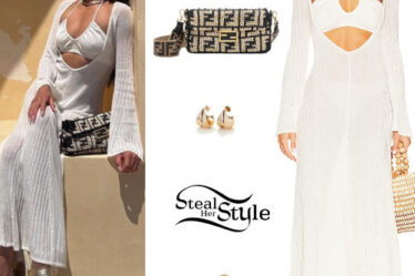 Shay Mitchell: White Knit Dress, Gold Sandals