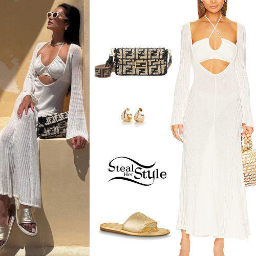 Shay Mitchell: White Knit Dress, Gold Sandals