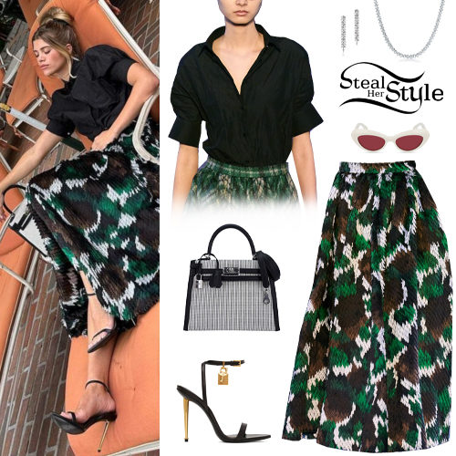 Sofia Richie: Black Blouse, Printed Maxi Skirt