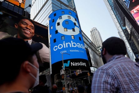 The logo for Coinbase on the Nasdaq MarketSite jumbotron at Times Square.