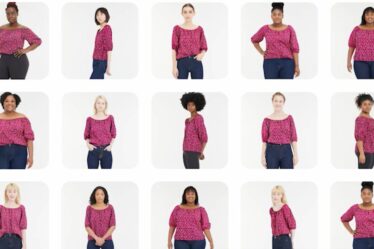 15 different women in varying body sizes, skin tones and ethnicities all wear the same short-sleeved top with a wide neckline and ruffled sleeves.