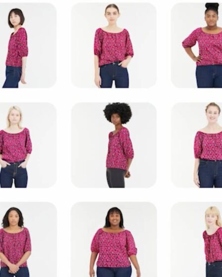 15 different women in varying body sizes, skin tones and ethnicities all wear the same short-sleeved top with a wide neckline and ruffled sleeves.
