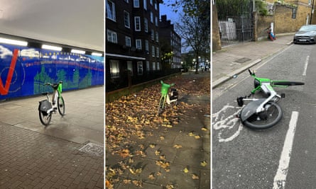 A composite image showing three hire bikes left in awkward places in public