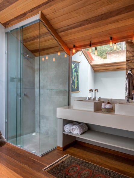 The bathroom with wood pannelling