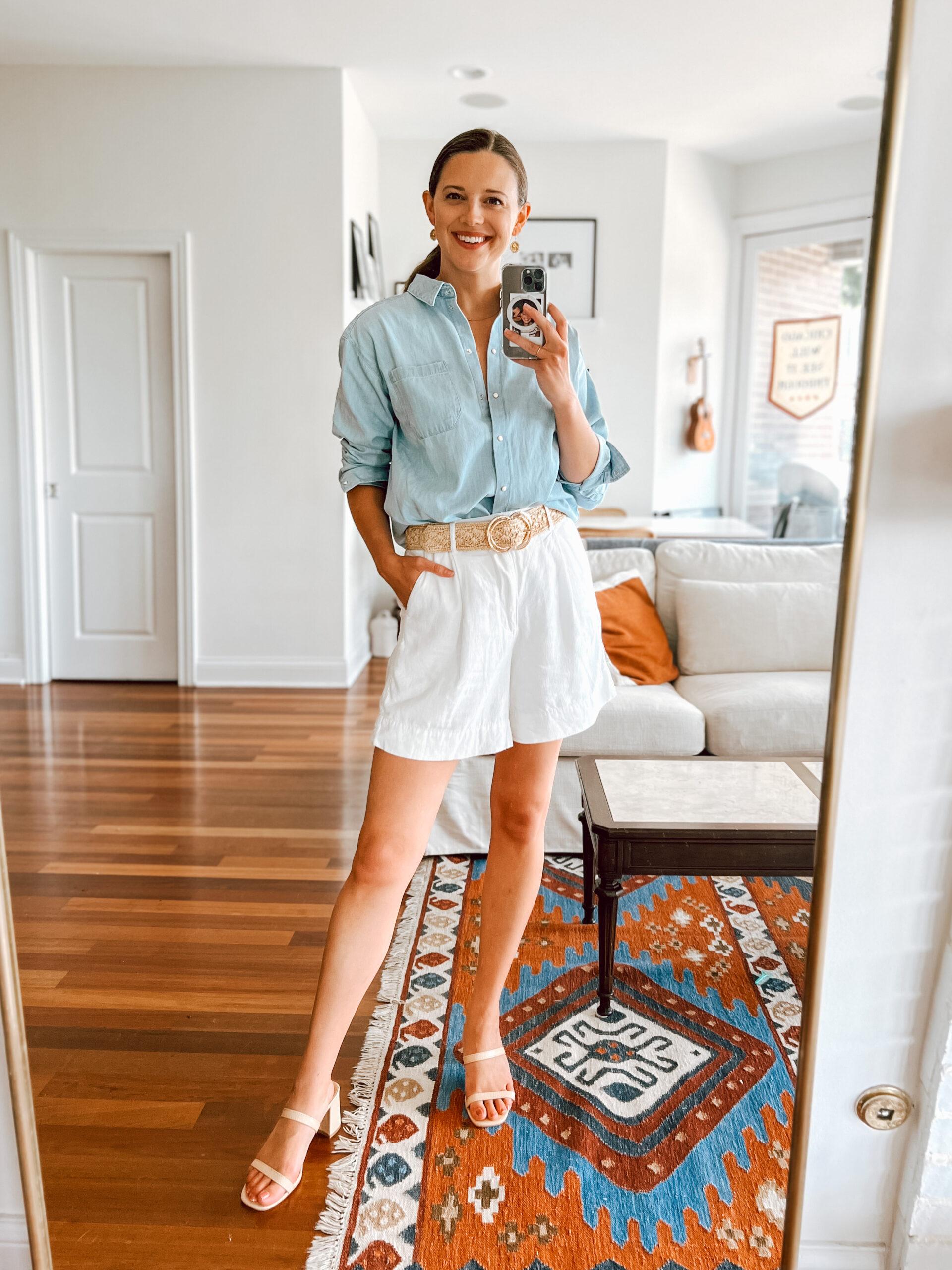 White linen shorts outfit