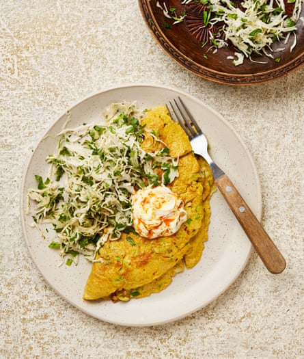Yotam Ottolenghi’s masala omelette with mango pickle and cabbage slaw.