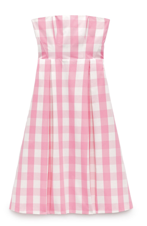 barbiecore fashion ZARA checkered pink and white strapless dress