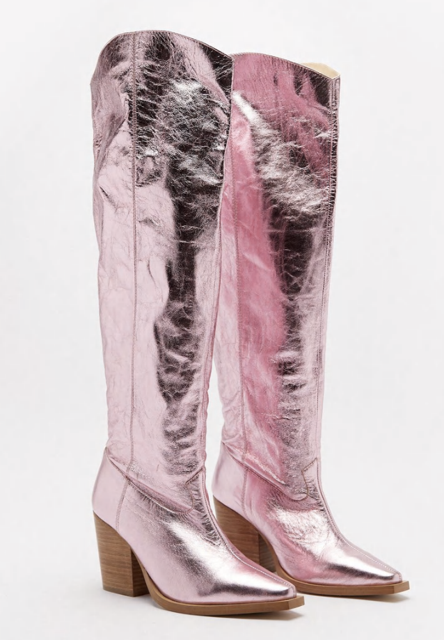barbiecore fashion Nasty Gal metallic pink leather cowboy boots