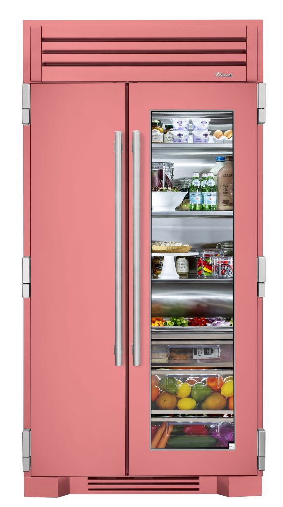 barbiecore home decor True residential glass door refrigerator in antique pink