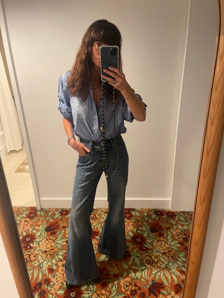Anna Foster wears jeans of her own design, with a seam running down from the front pocket.