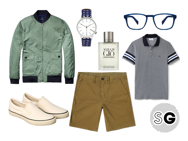 chino shorts, khaki chino shorts, polo, lacoste, reversible, bomber, scotch and soda, komono, warby parker, the hill side, armani