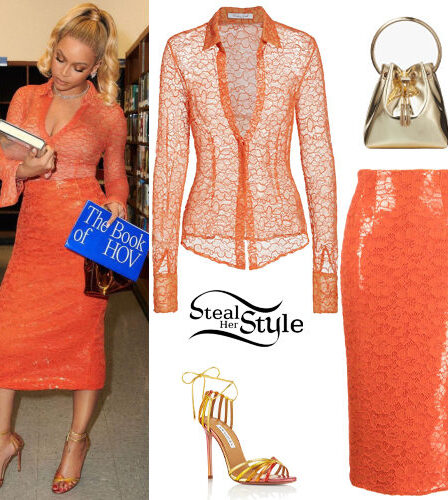 Beyoncé: Orange Lace Shirt and Midi Skirt