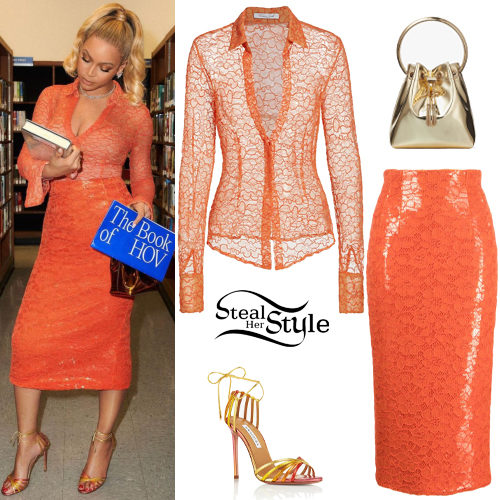 Beyoncé: Orange Lace Shirt and Midi Skirt